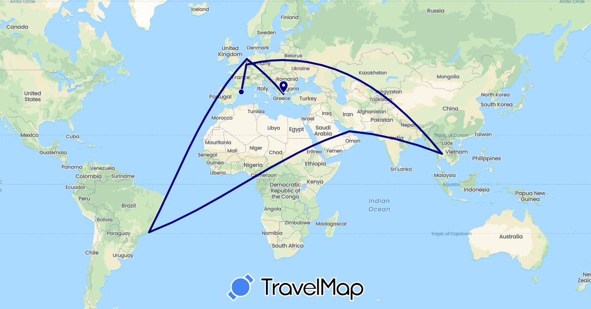 TravelMap itinerary: driving in United Arab Emirates, Belgium, Brazil, Spain, Greece, Netherlands, Thailand (Asia, Europe, South America)